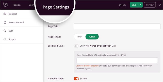 seedprod landing page settings