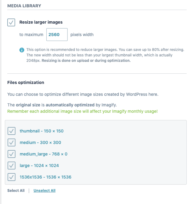 Impostazione di un limite per le dimensioni dell'immagine - Fonte: Imagify dashboard di WordPress