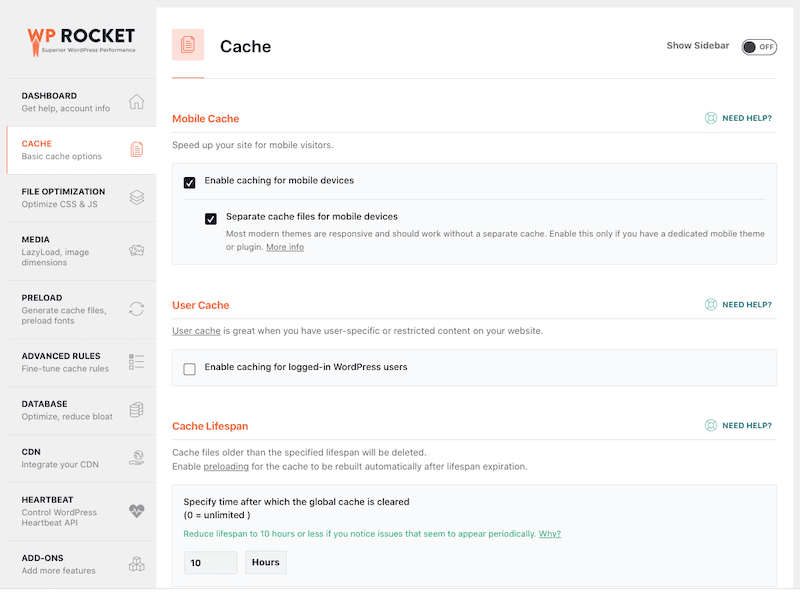 El almacenamiento en caché se aplica automáticamente con WP Rocket - Fuente: Panel de control de WP Rocket