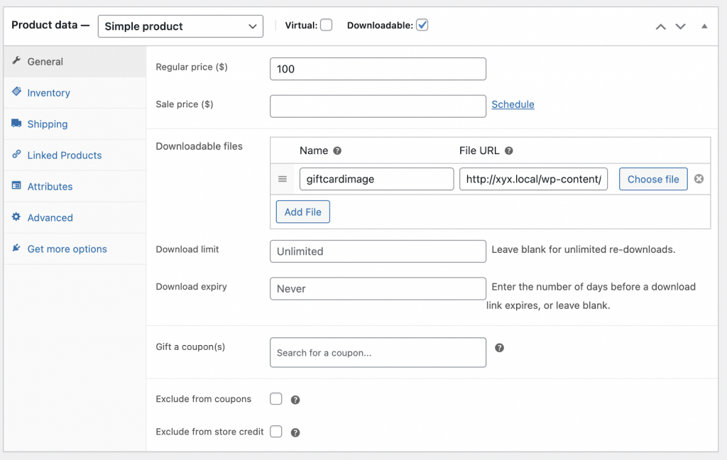 cartões de presente para download para woocommerce