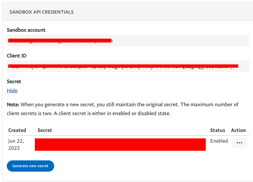 Credenziali API sandbox