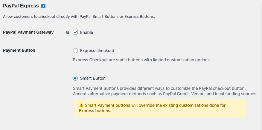 Activación del botón inteligente de PayPal