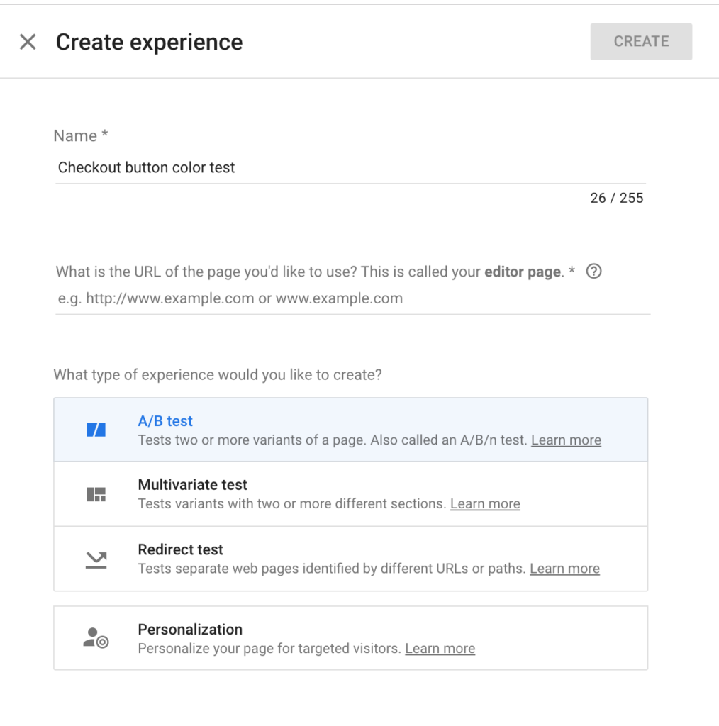 Google Optimize Create Experience - الخطوة الأولى