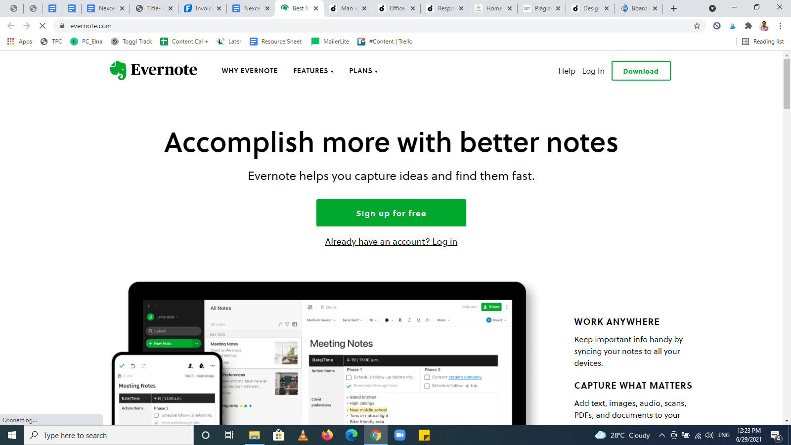 مثال على صفحة Evernote الرئيسية