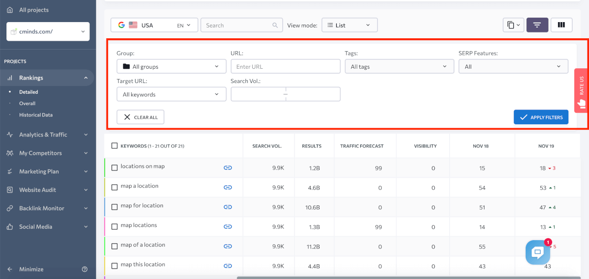 لقطة شاشة توضح كيفية تصفية الكلمات الرئيسية باستخدام SE Ranking Tracker