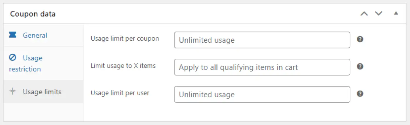 Configuration des paramètres de limites d'utilisation pour les coupons WooCommerce.