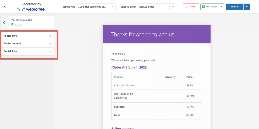 personalizări de subsol de e-mail woocommerce