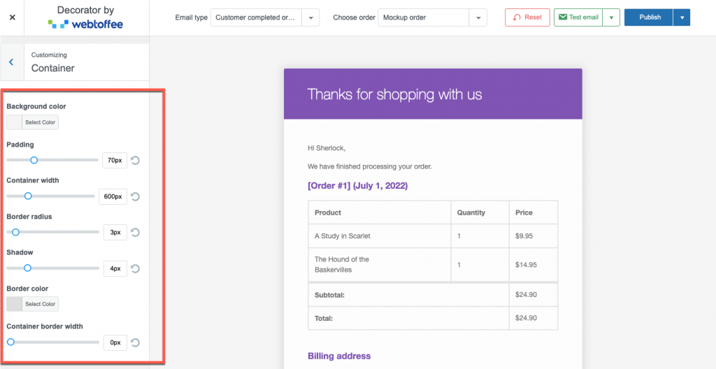 configuración de marca de contenedor de correo electrónico