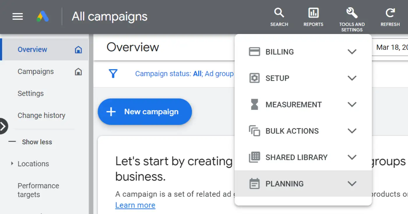 Opzione Strumenti e Impostazioni in Google Ads