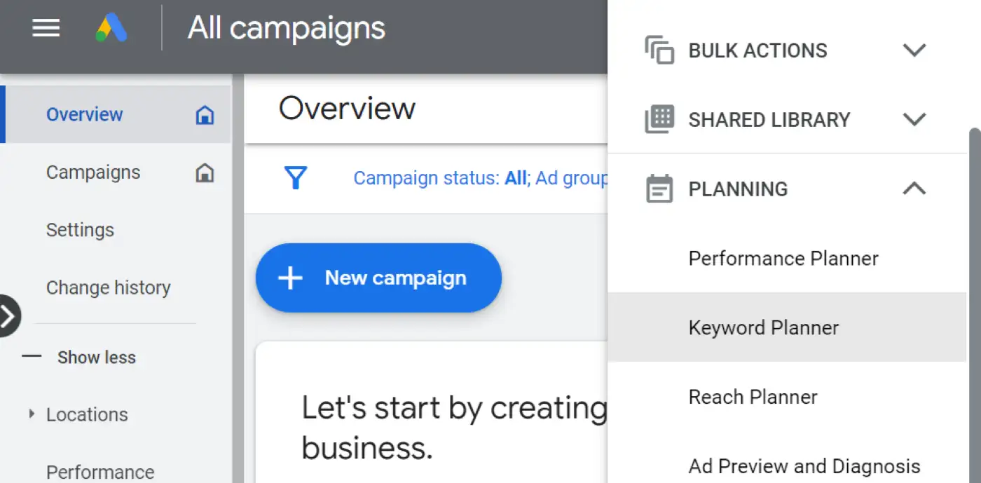 Opzione Strumento di pianificazione delle parole chiave in Google Ads