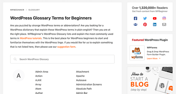 WPBeginner WordPress Glossary Live Search