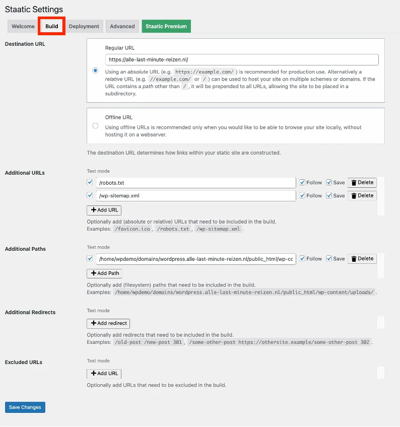 Menu delle impostazioni di costruzione statica