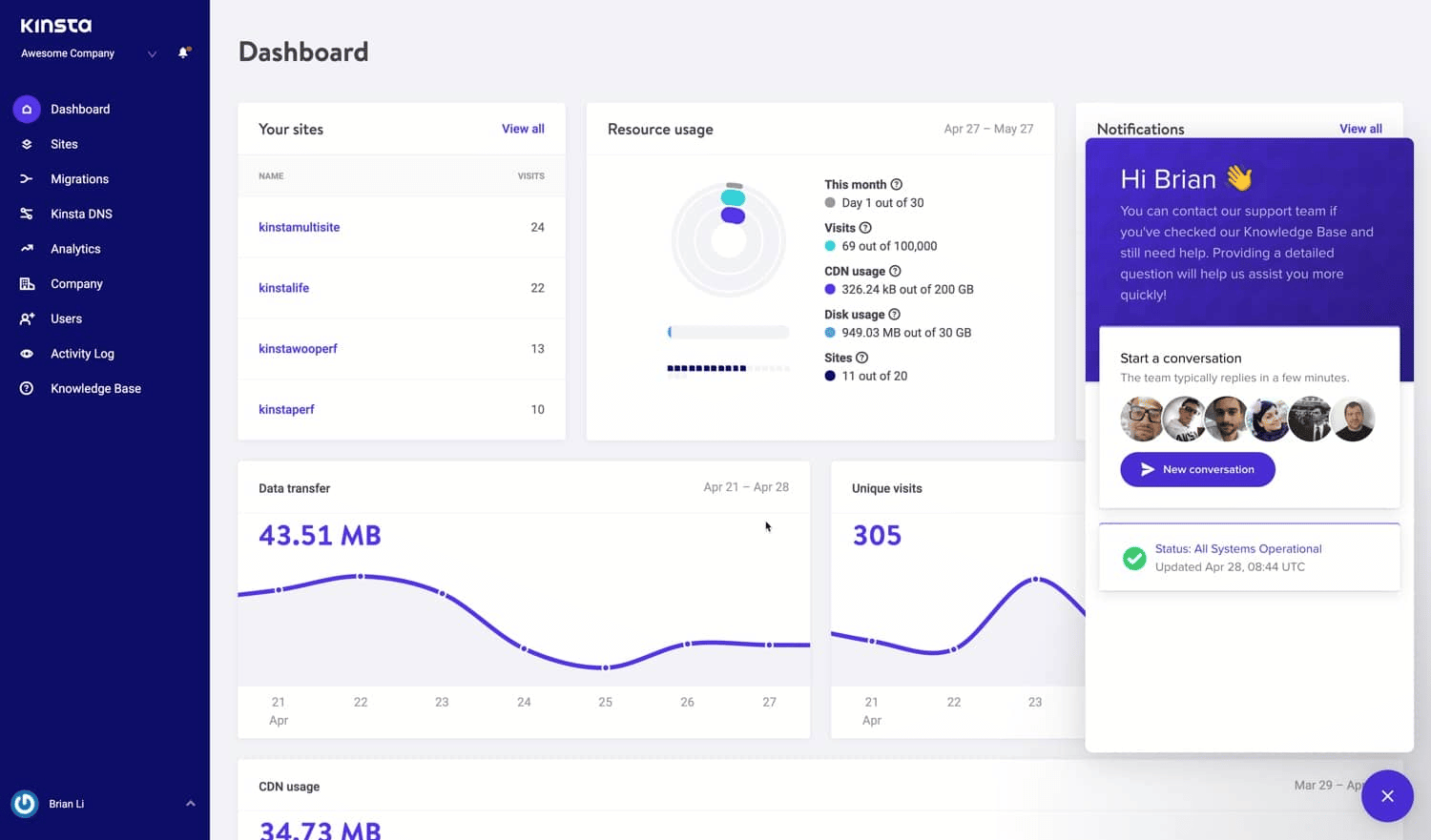 il dashboard di hosting di Kinsta WordPress