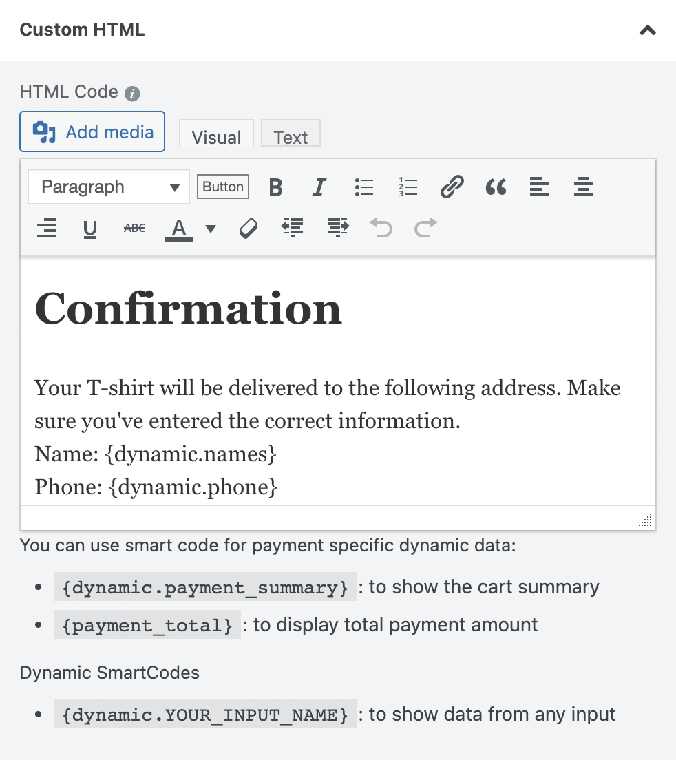 aggiungi HTML personalizzato al modulo d'ordine della tua maglietta