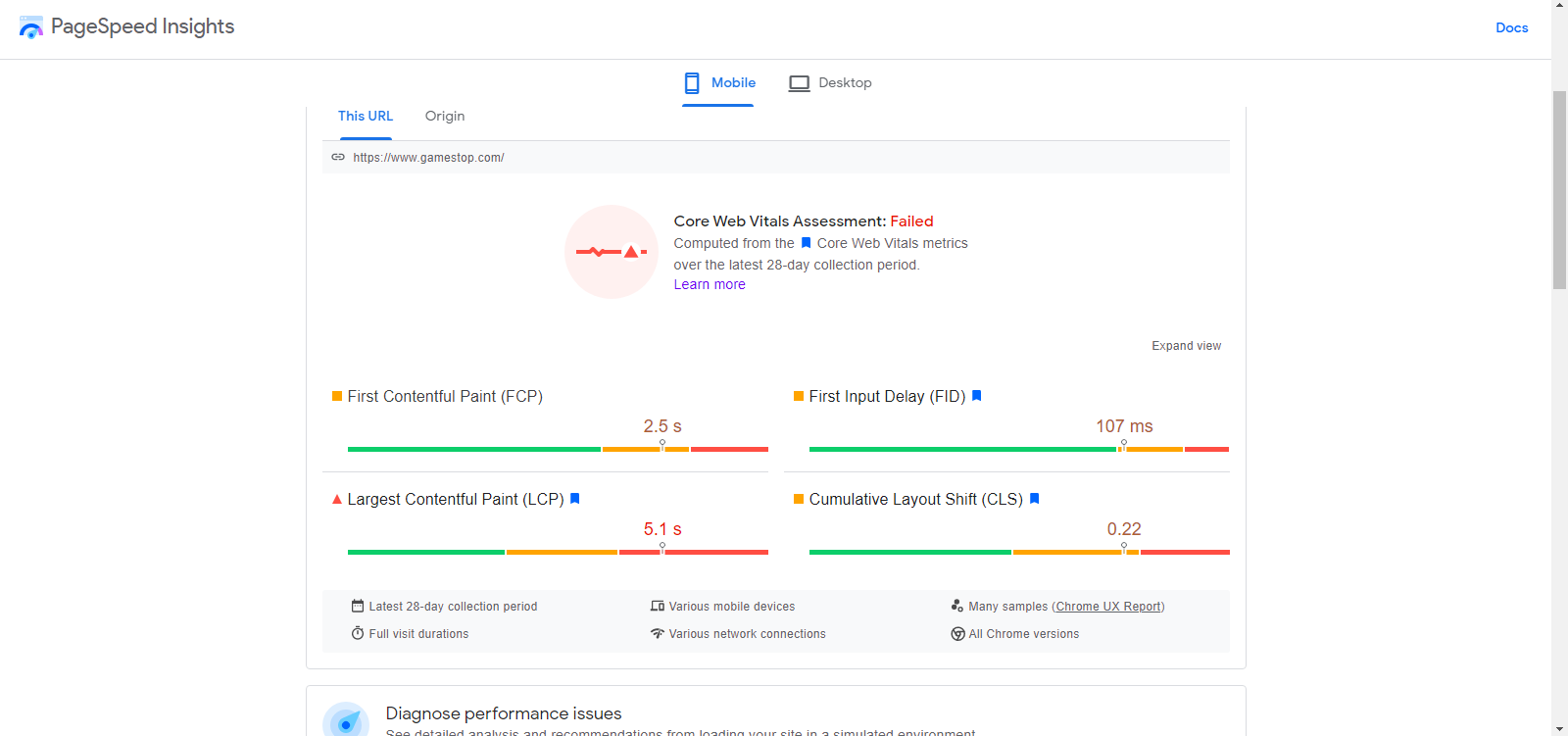 Google PageSpeed ​​Insights'tan alınan puanlar