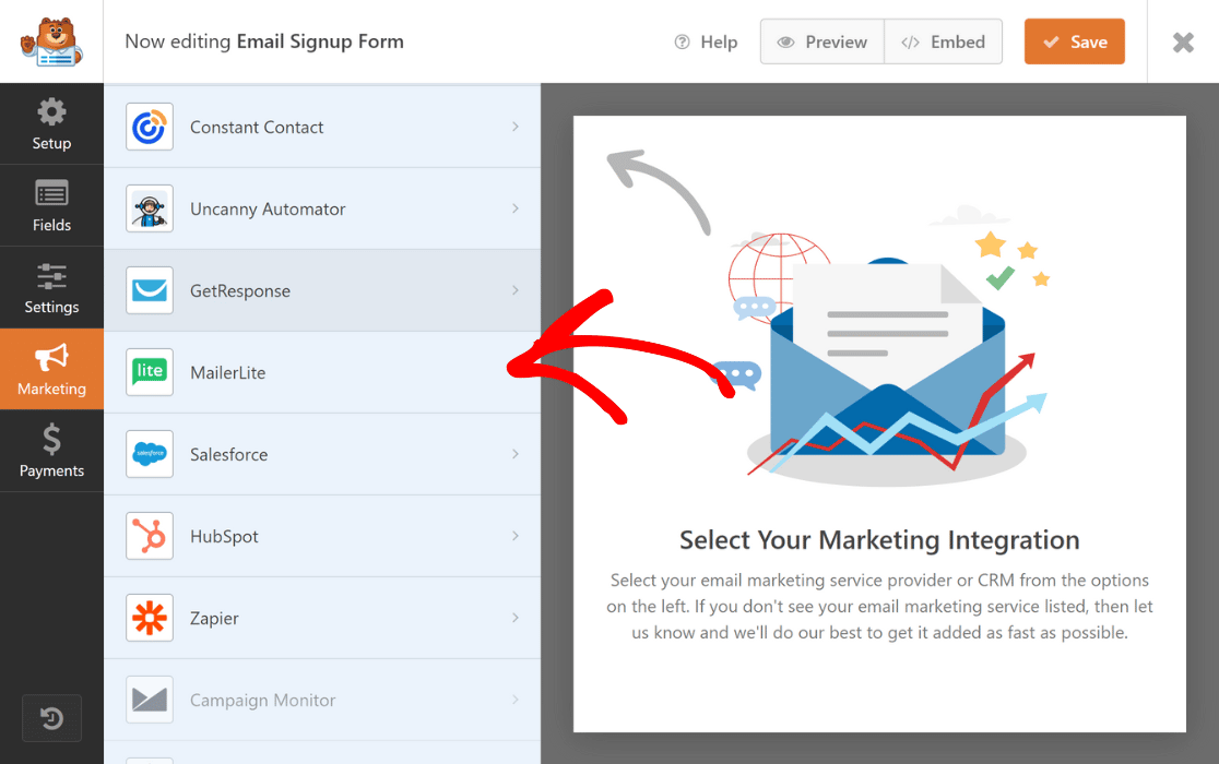 intergrate MailerLite from WPForms marketing settings