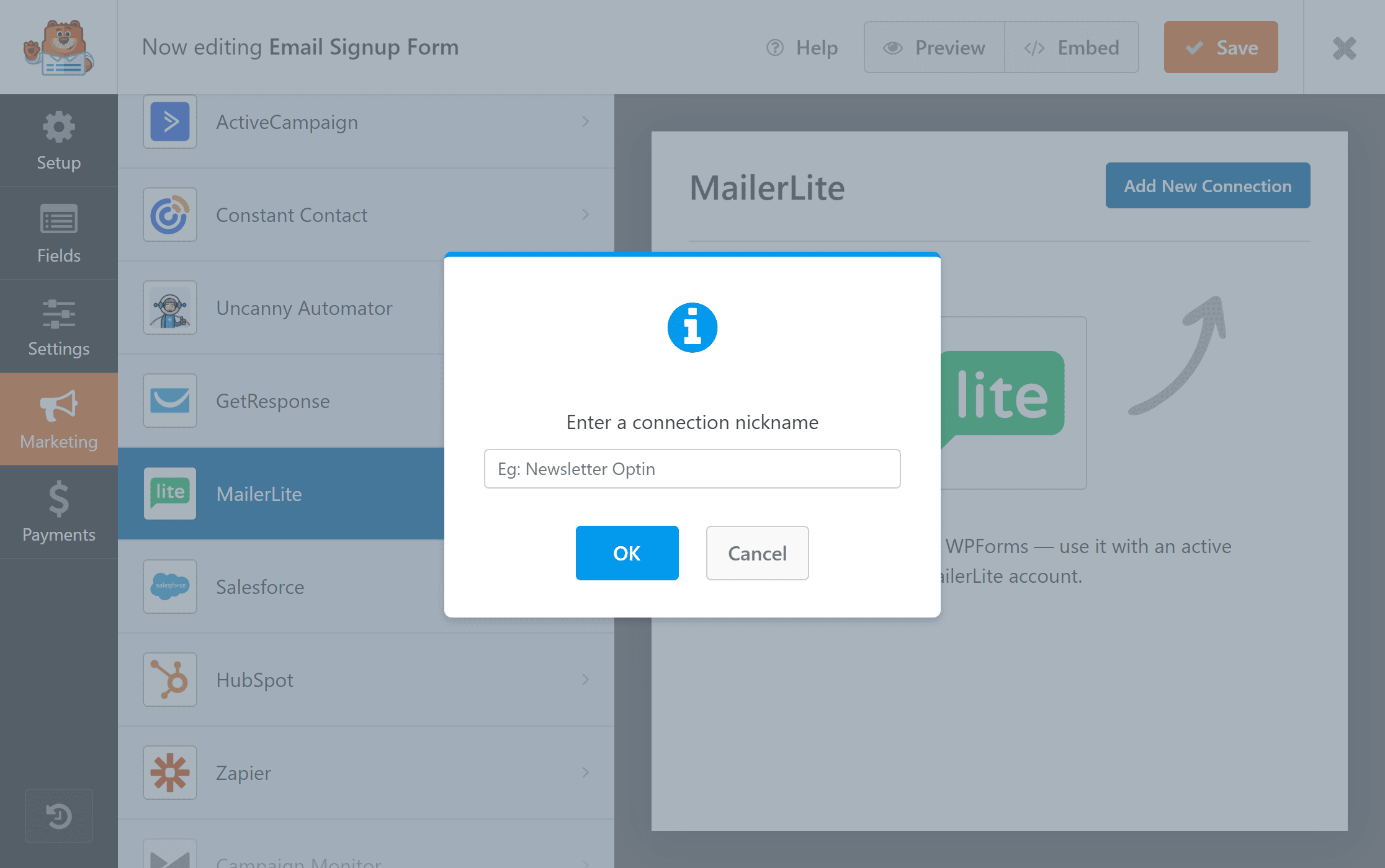 Add a connection nickname MailerLite