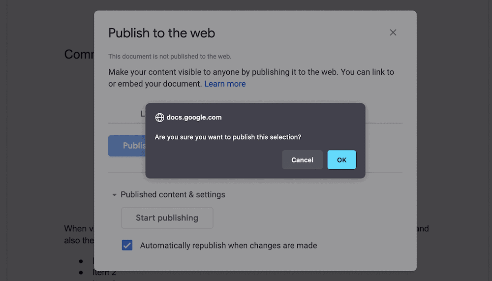 The Publish to the web dialog.