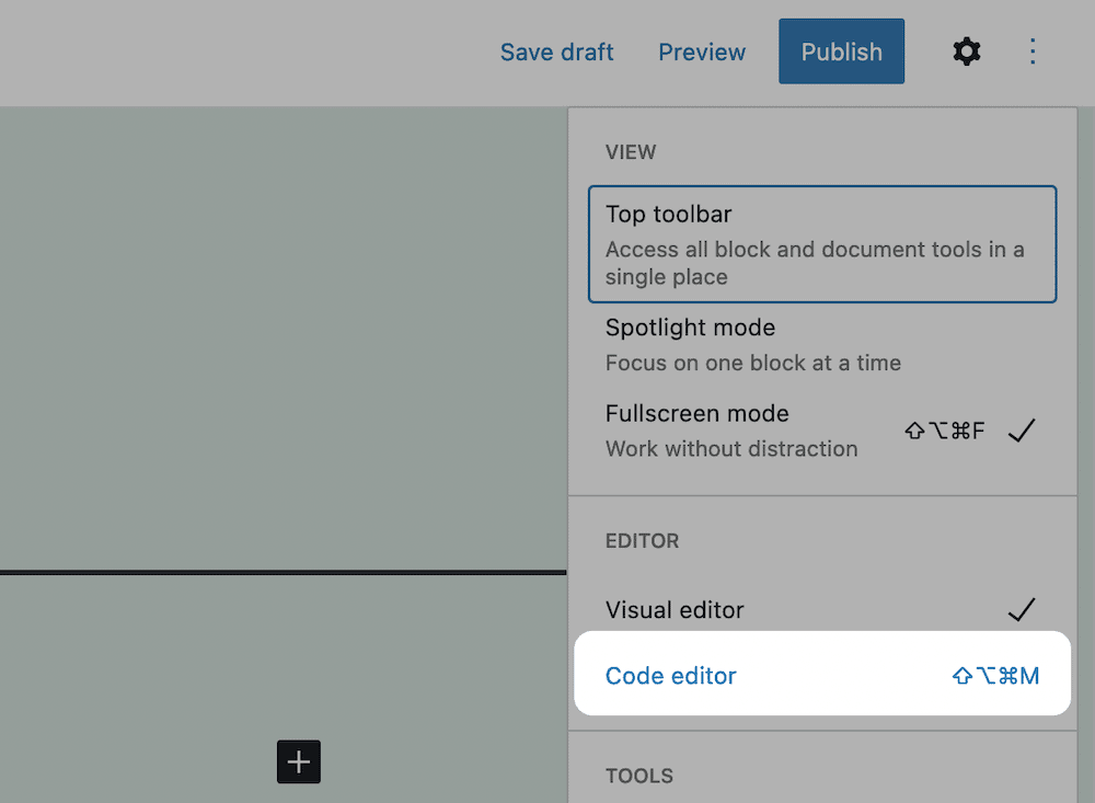 The Code editor link in WordPress.