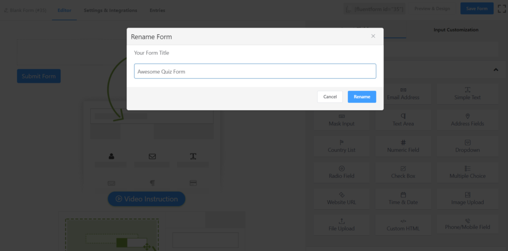 Переименовать форму викторины — Fluent Forms