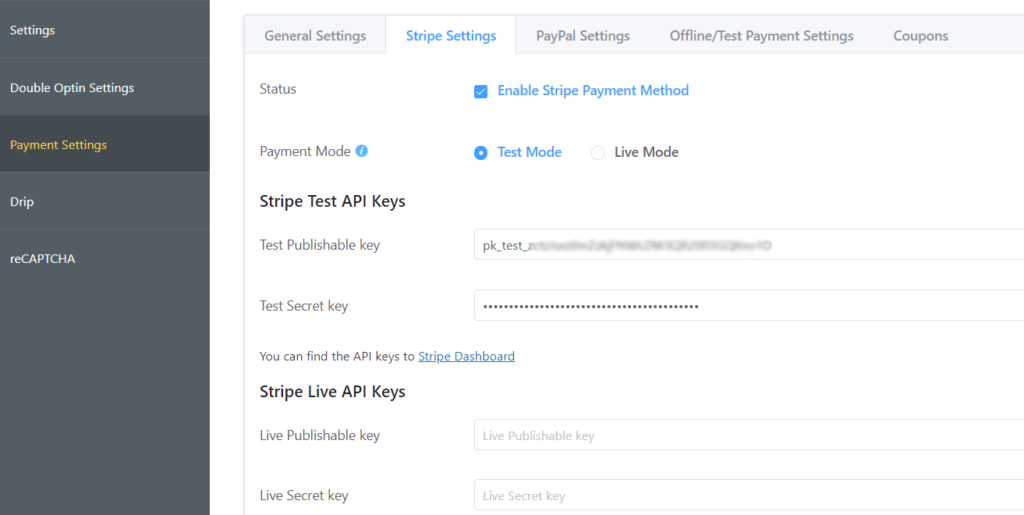 Stripe-Einstellungen auf Fluent Forms