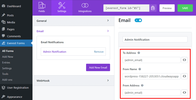 Paramètres d'adresse e-mail