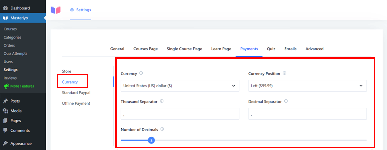 Masteriyo通貨の設定WordPressでビデオコースを販売する方法