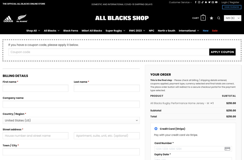 Checkout-Seite des All Blacks Shops