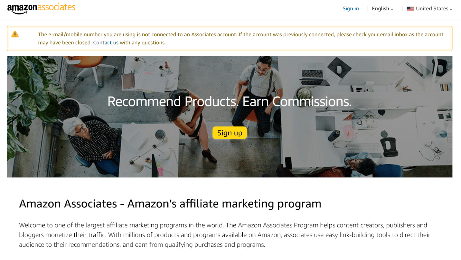 La homepage di Amazon Associates