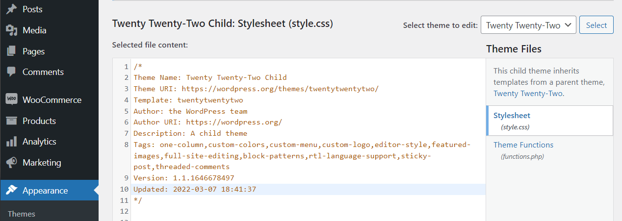 Bearbeiten der style.css-Datei des Child-Themes