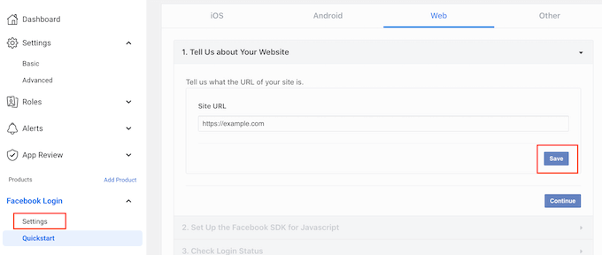 The Facebook social login settings