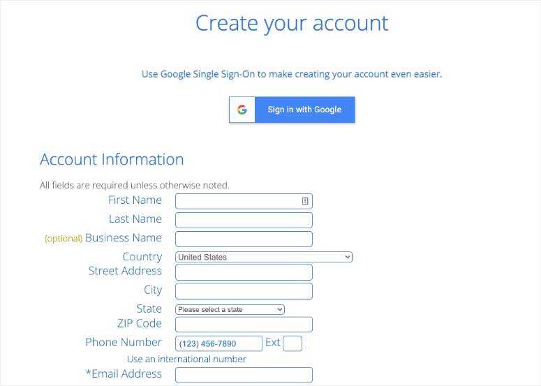 create an account with bluehost