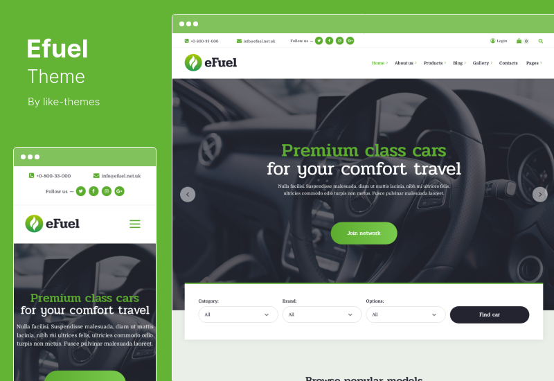 ธีม Efuel - รถเช่าไฟฟ้า & การชาร์จ EV ธีม WordPress