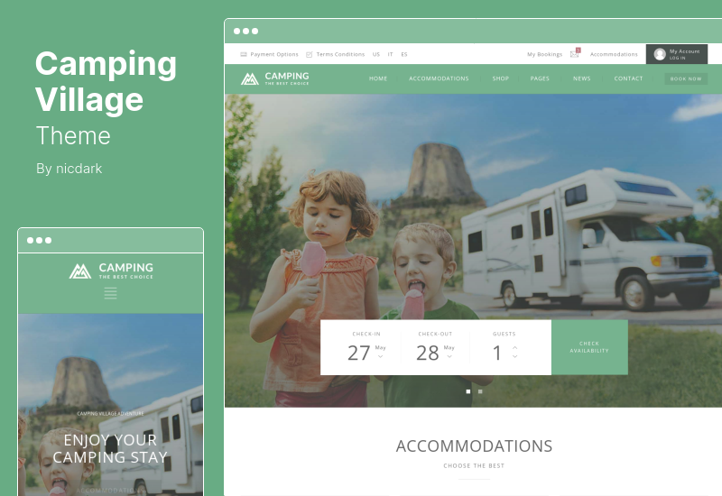 Camping Village Theme - Camping Caravan Drumeții Cort Cazare Tema WordPress