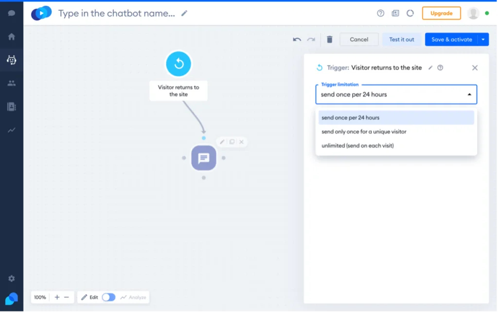 Opsi yang tersedia untuk pemicu chatbot yang dipilih