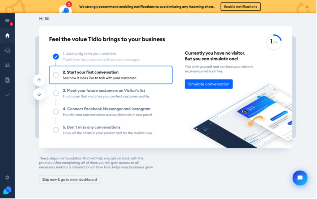 Startbildschirm des Tidio-Panels mit Einführungstext