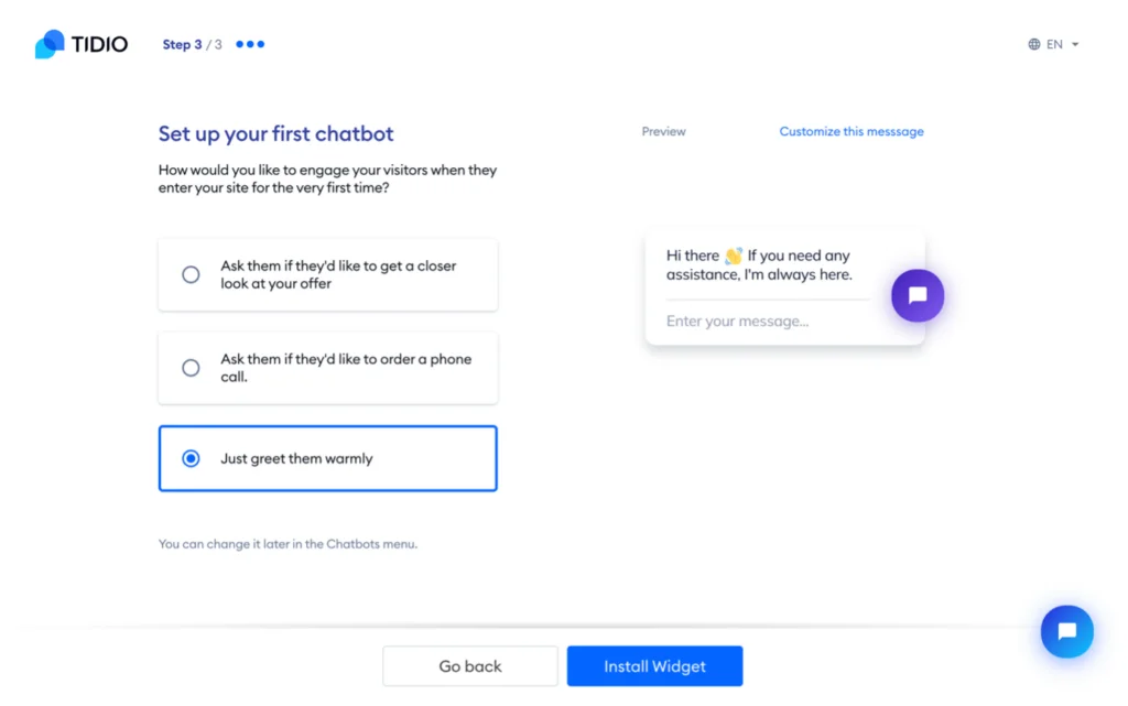 Tidio Live-Chat-Konfiguration Schritt 3/3