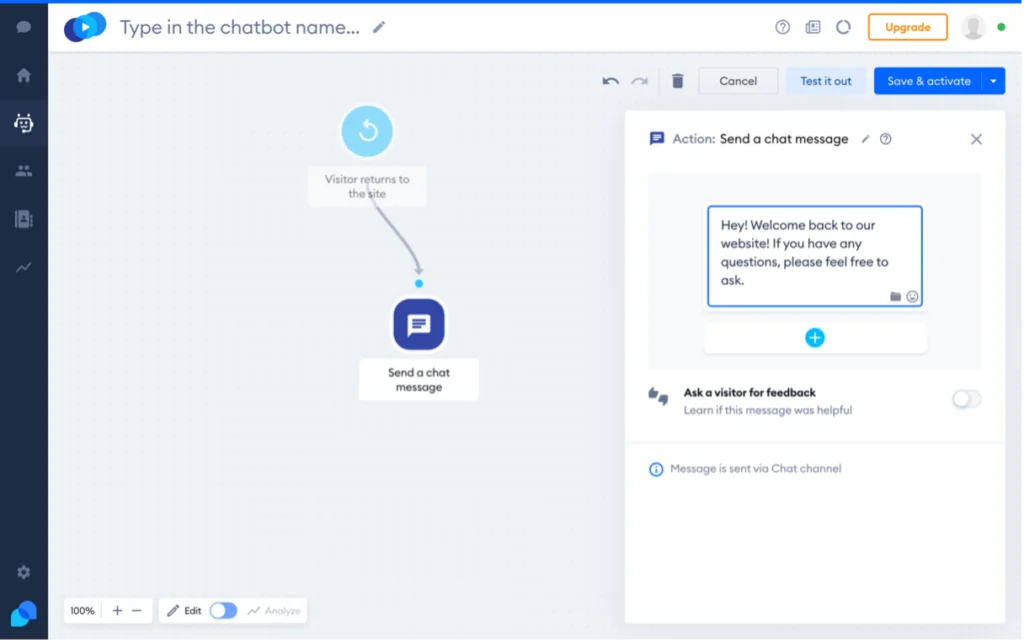 Die verfügbaren Optionen für die ausgewählte Chatbot-Aktion