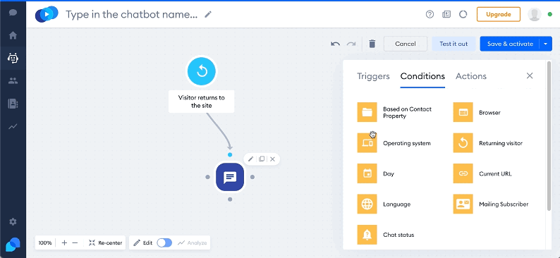 Les conditions disponibles qui peuvent être insérées dans des chatbots personnalisés, ainsi qu'un GIF expliquant comment les insérer et les lier à un chatbot