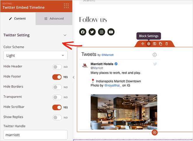 Embed twitter timeline block settings