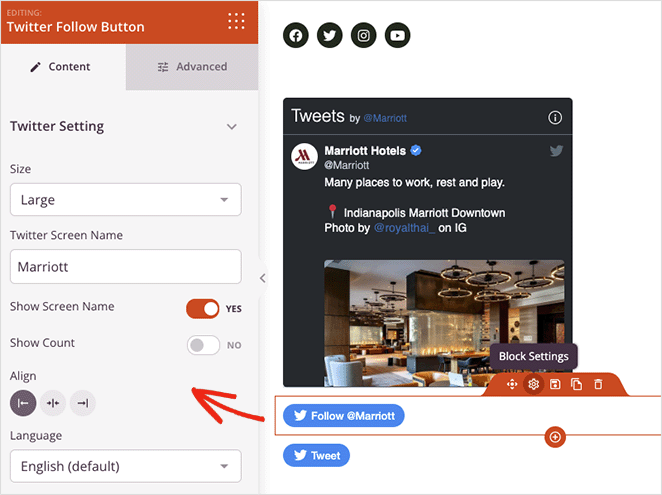 Twitter follow button settings