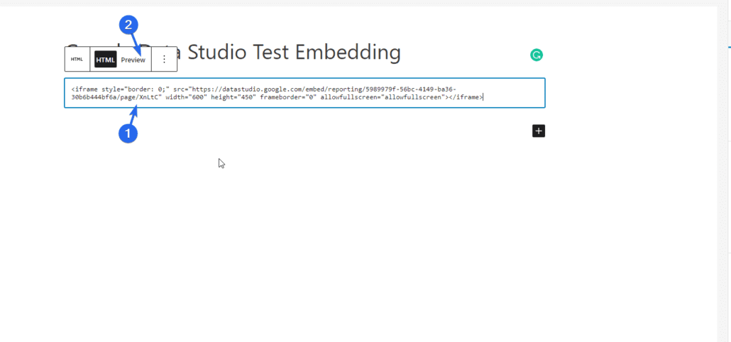 Cole o código do Google Data Studio no bloco HTML personalizado