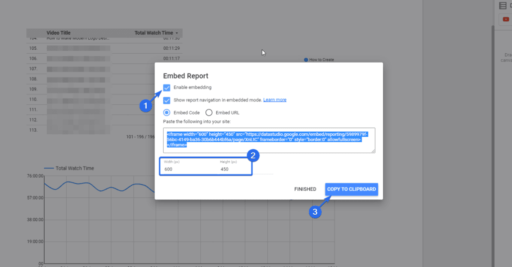 Włączanie osadzania — osadź google data studio