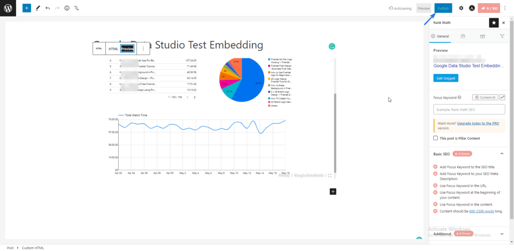 Vista previa del informe integrado de Google Data Studio