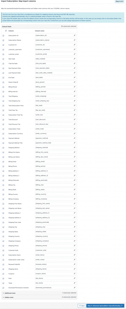 Importer des commandes d'abonnement Étape 3 : Mappez les colonnes d'importation