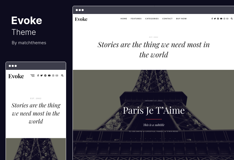 ธีม Evoke - บล็อกเรื่องราวเกี่ยวกับรูปภาพ WordPress Theme