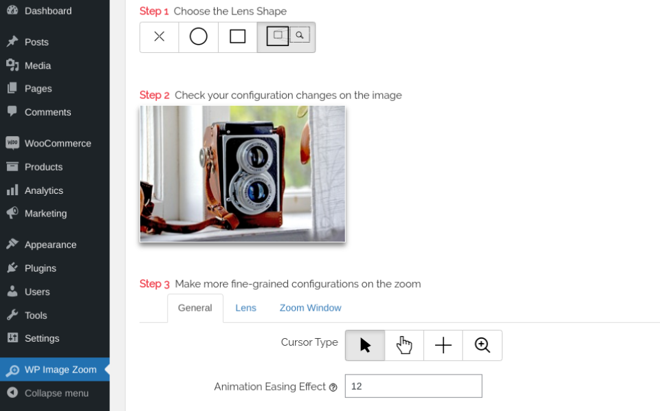 WP Image Zoom 插件选项。