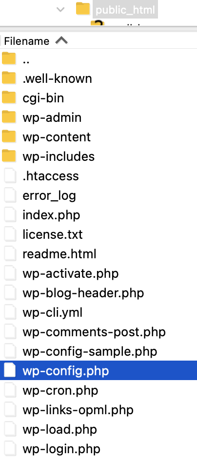 lista de archivos y carpetas principales, con wp-config.php seleccionado