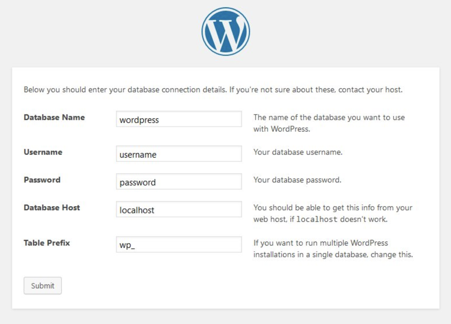 formulario de detalles de conexión de base de datos