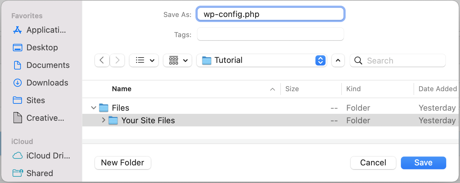 alegând un folder în care să salvați wp-config.php